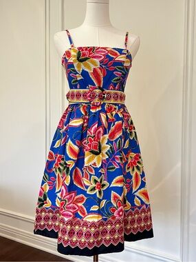 Joie Cobalt Floral Belted Dress Border Print Fit Flare Resort Sz XS